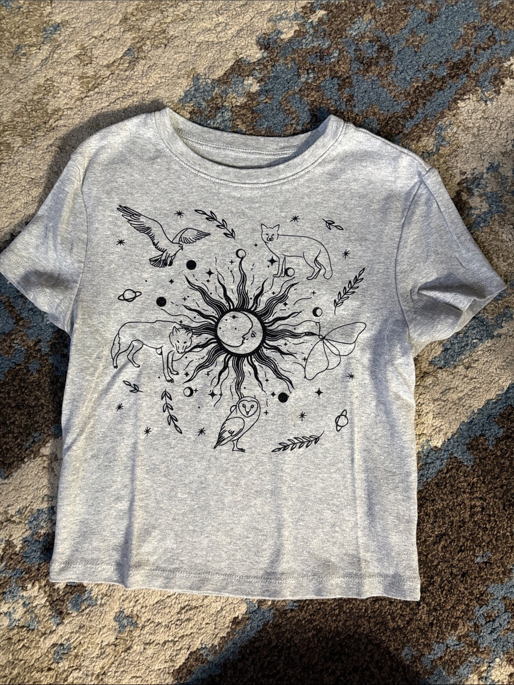 No Boundaries Light Gray Graphic Crop Tee with Celestial Animal Motif